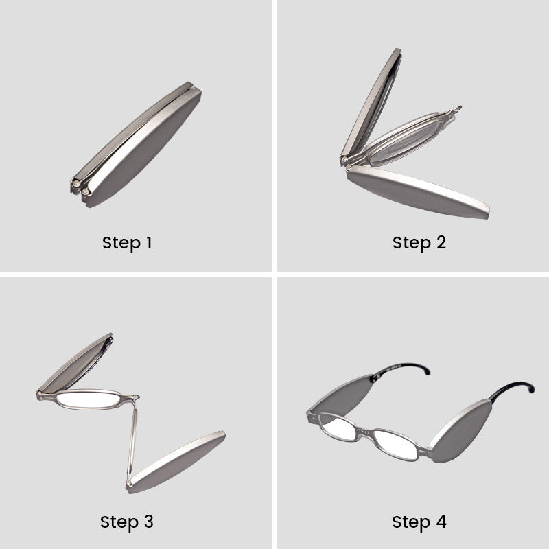 Kompakte bærbare læsebriller, sort og sølv stel, foldbart design til mænd og kvinder, elegant stil.