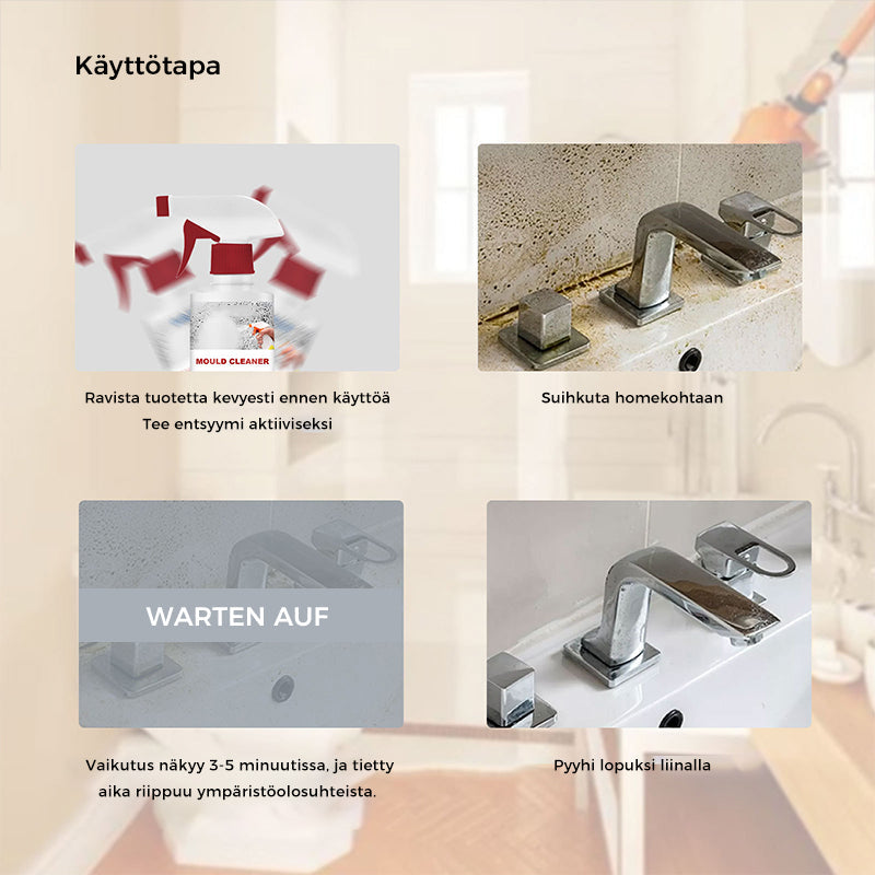 Effektiv skimmelrensesspray, hvid flaske, velegnet til indendørs og udendørs brug, fjerner effektivt skimmel og lugt.