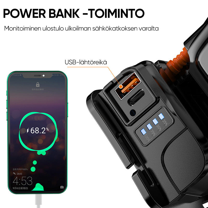 Tehokas ladattava vedenpitävä otsalamppu LED-valolla ulkoiluun, musta runko ja säädettävä hihna takaavat mukavuuden.