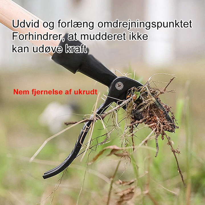 Effektiv ukrudtsfjerner til haven, med metalkrog og bambushåndtag, fjerner ukrudt ubesværet og effektivt.