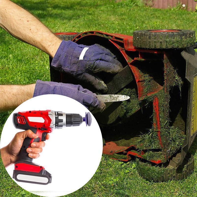 Effektiv slibesten til plæneklipperblade, lavet af korund, blålig nuance, passer til boremaskine, forbedrer klingernes effektivitet.