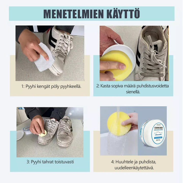 Effektivt rensemiddel til hvide sko, klar væske i flasker, fjerner effektivt snavs og er sikker at bruge.
