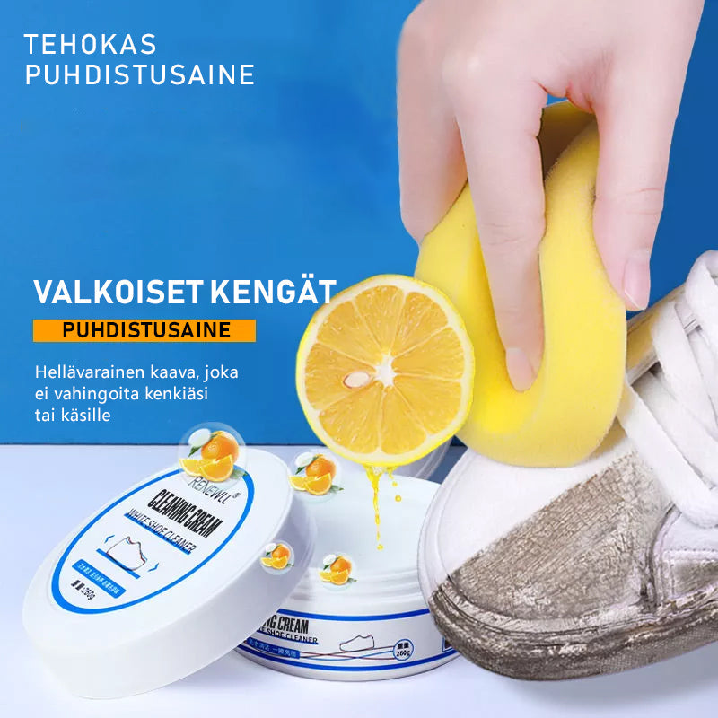 Effektivt rensemiddel til hvide sko, klar væske i flasker, fjerner effektivt snavs og er sikker at bruge.