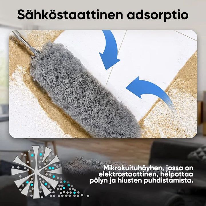 Teleskopisk mikrofiberstøvkost, grå stang, hvidt hoved, til effektiv støvfjerning i hjemmet og på kontoret.