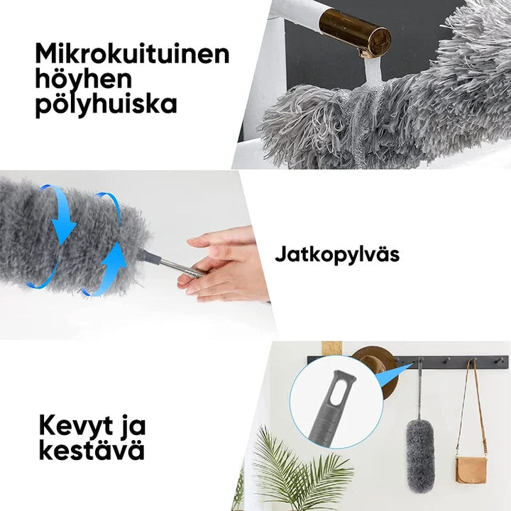 Teleskopisk mikrofiberstøvkost, grå stang, hvidt hoved, til effektiv støvfjerning i hjemmet og på kontoret.