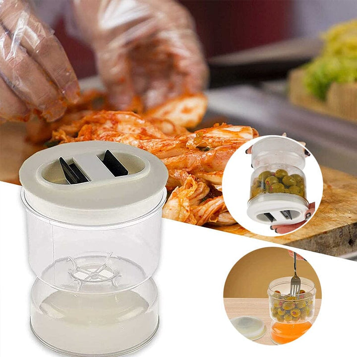 Tæt saltkurk- og olivenbeholder med si, klar plast, låg med grøn forsegling, innovativ køkkenopbevaringsløsning