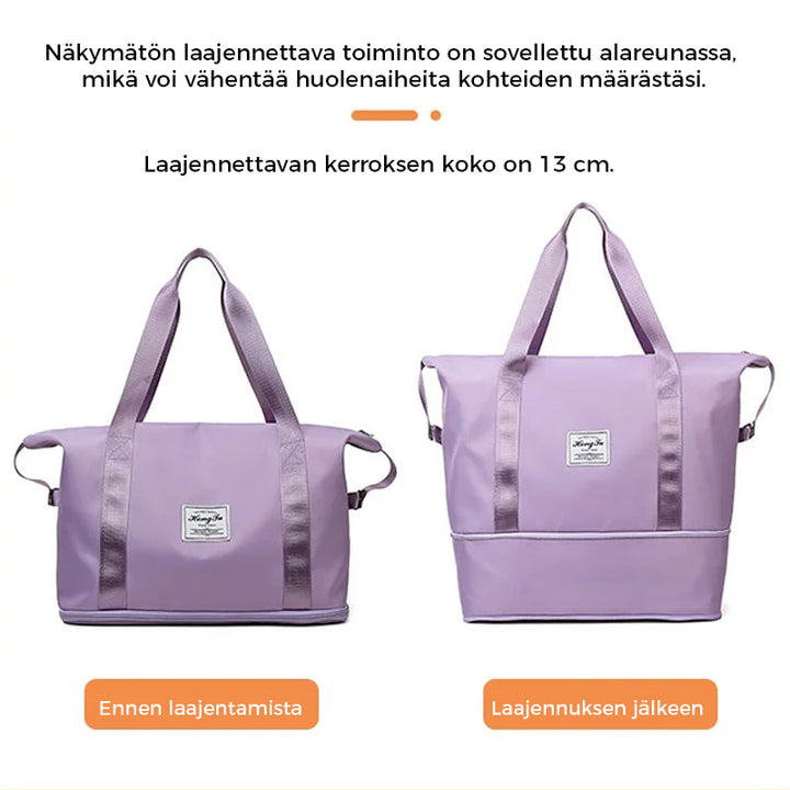 Rummelig 2-lags vandtæt rejsetaske, sort og blå, med separate rum til våde og tørre genstande.