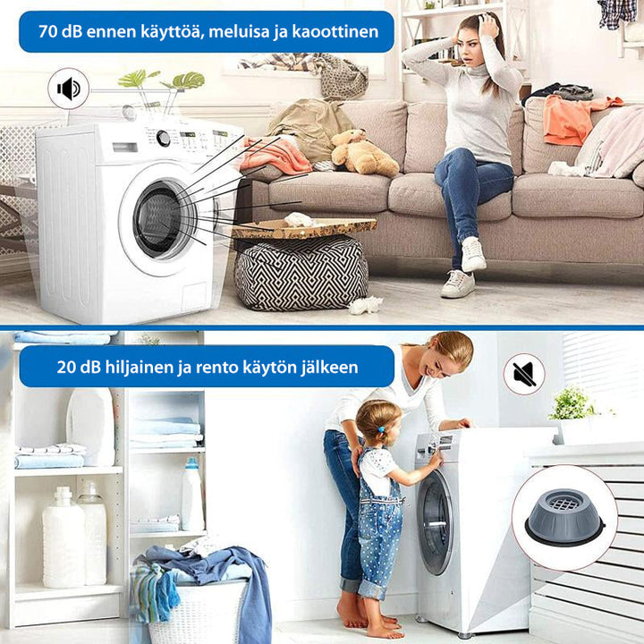 Vibrationsdæmpende gummifødder til hvidevarer, billedet viser runde sorte fødder, der effektivt reducerer vibrationer og støj.