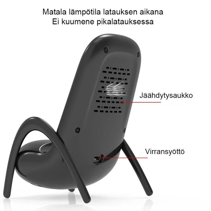 Trådløs oplader i stol-design, hvid ABS-plast, praktisk og stilfuld, QI-standard, boligindretning