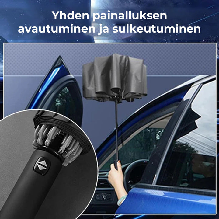 Vindtæt LED paraply, sort, klart LED-lys, stor kuppel, til mænd og kvinder. Beskyttelse mod sol og regn.