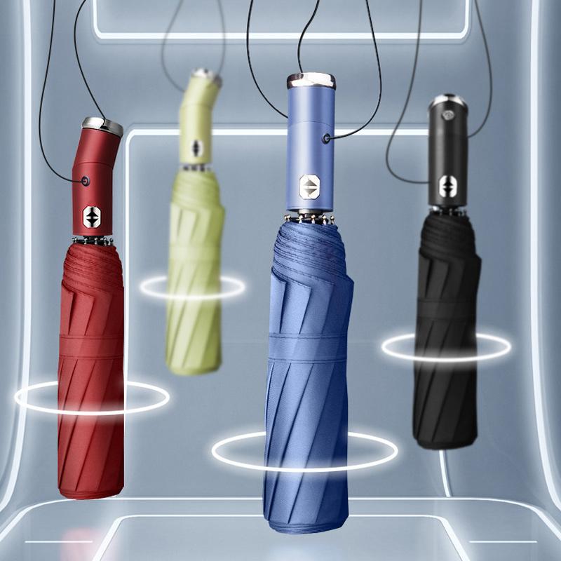 Vindtæt LED paraply, sort, klart LED-lys, stor kuppel, til mænd og kvinder. Beskyttelse mod sol og regn.
