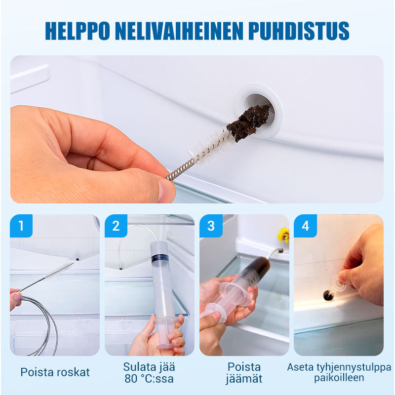 Tyhjä jääkaappi ja puhdistusvälineet kodinhoitoon, valkoinen ja tilava, puhdistussarja vieressä helpottaa perusteellista siivousta.