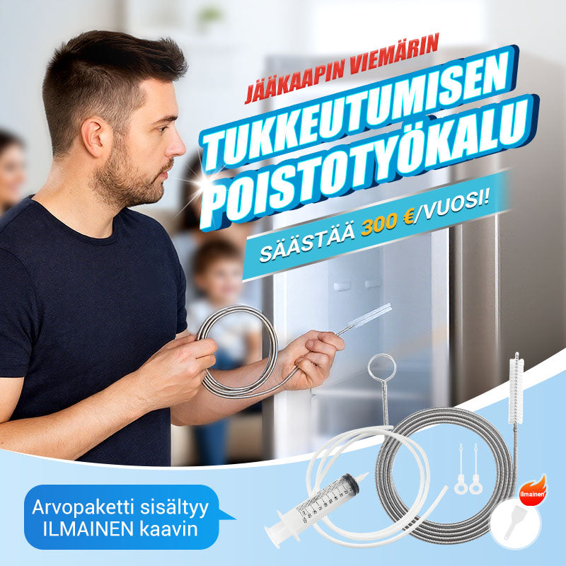 Tyhjä jääkaappi ja puhdistusvälineet kodinhoitoon, valkoinen ja tilava, puhdistussarja vieressä helpottaa perusteellista siivousta.