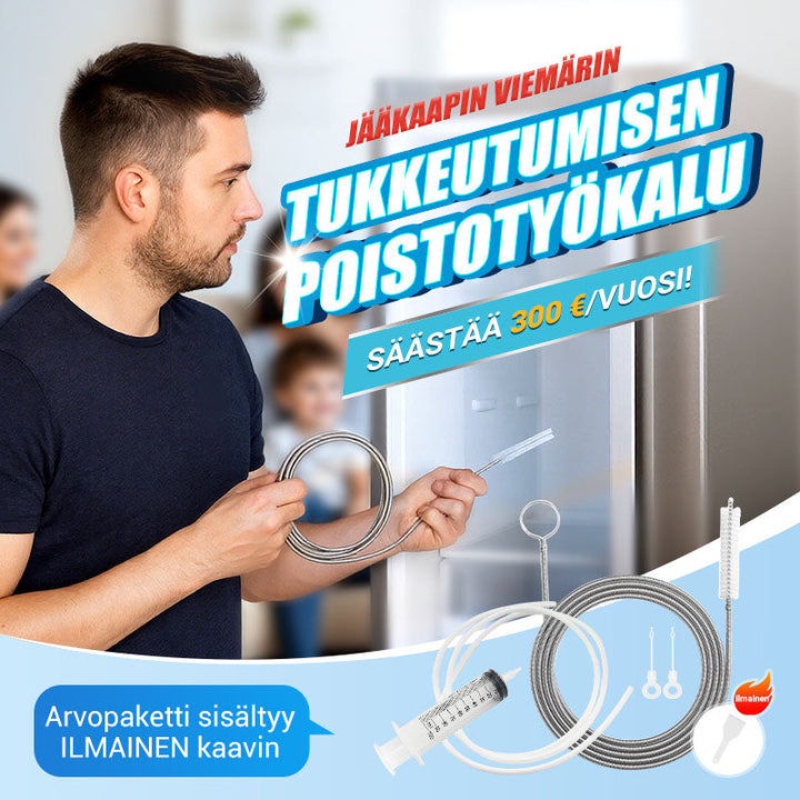 Tyhjä jääkaappi ja puhdistusvälineet kodinhoitoon, valkoinen ja tilava, puhdistussarja vieressä helpottaa perusteellista siivousta.