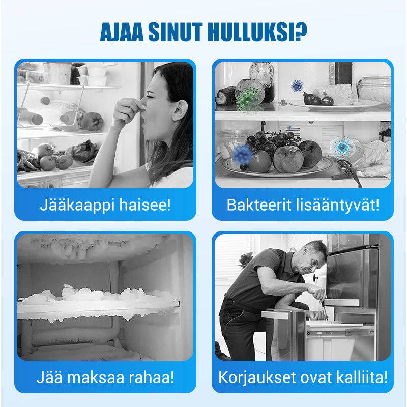 Tyhjä jääkaappi ja puhdistusvälineet kodinhoitoon, valkoinen ja tilava, puhdistussarja vieressä helpottaa perusteellista siivousta.