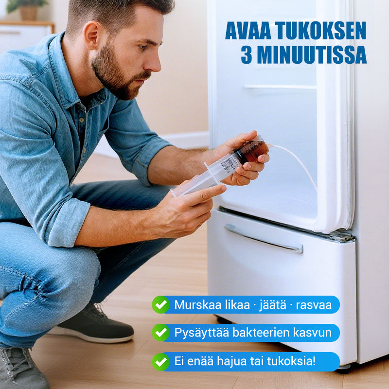 Tyhjä jääkaappi ja puhdistusvälineet kodinhoitoon, valkoinen ja tilava, puhdistussarja vieressä helpottaa perusteellista siivousta.