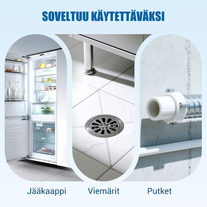 Tyhjä jääkaappi ja puhdistusvälineet kodinhoitoon, valkoinen ja tilava, puhdistussarja vieressä helpottaa perusteellista siivousta.