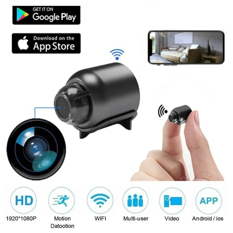 Elegant 1080P HD Mini WIFI-kamera, lille sort design, hjemmebeskyttelse, højkvalitetsvideo, intelligent bevægelsesdetektering.