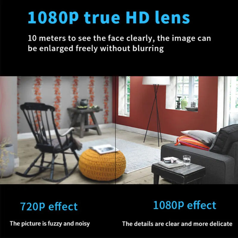 Elegant 1080P HD Mini WIFI-kamera, lille sort design, hjemmebeskyttelse, højkvalitetsvideo, intelligent bevægelsesdetektering.