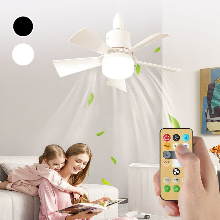 Tyylikäs LED-kattotuuletin kaukosäätimellä olohuoneessa, yhdistää valaistuksen ja viilennyksen moderniin muotoiluun.