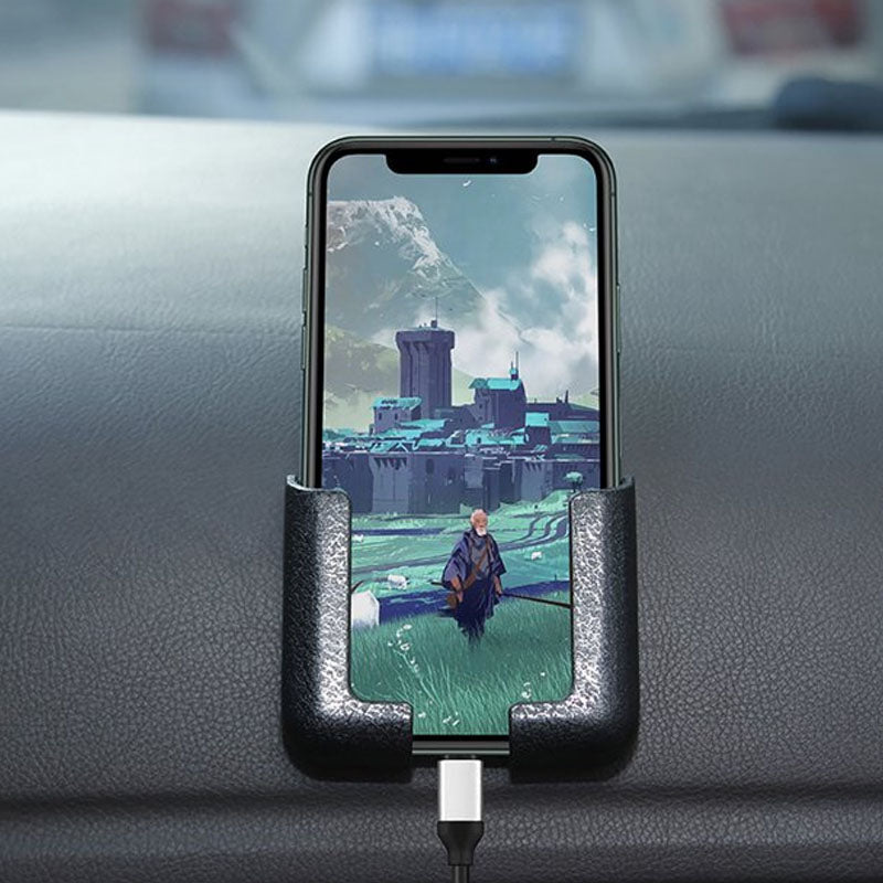 Alsidig PVC-mobilholder til bil, justerbar og flerfarvet, tilbyder sikkert greb og opladningsmulighed.