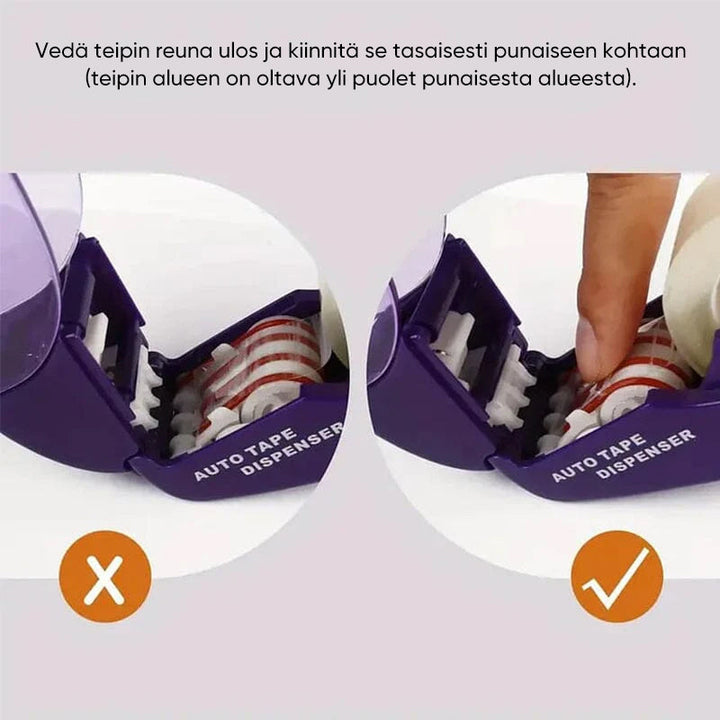 "Tyylikäs automaattinen teippiannostelija, yhden käden käyttöön, kolmessa värissä: musta, ruusunpunainen ja violetti"