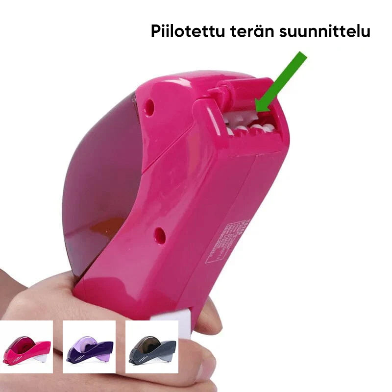 "Tyylikäs automaattinen teippiannostelija, yhden käden käyttöön, kolmessa värissä: musta, ruusunpunainen ja violetti"