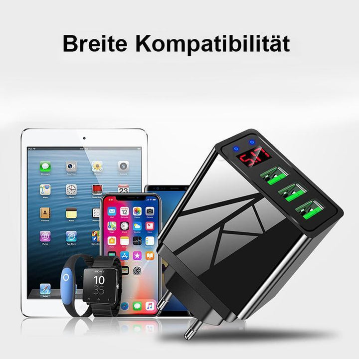 "Tyylikäs digitaalinen matkapuhelinlaturi LED-näytöllä, musta ja valkoinen väri, kolme USB-porttia, nopea lataus."