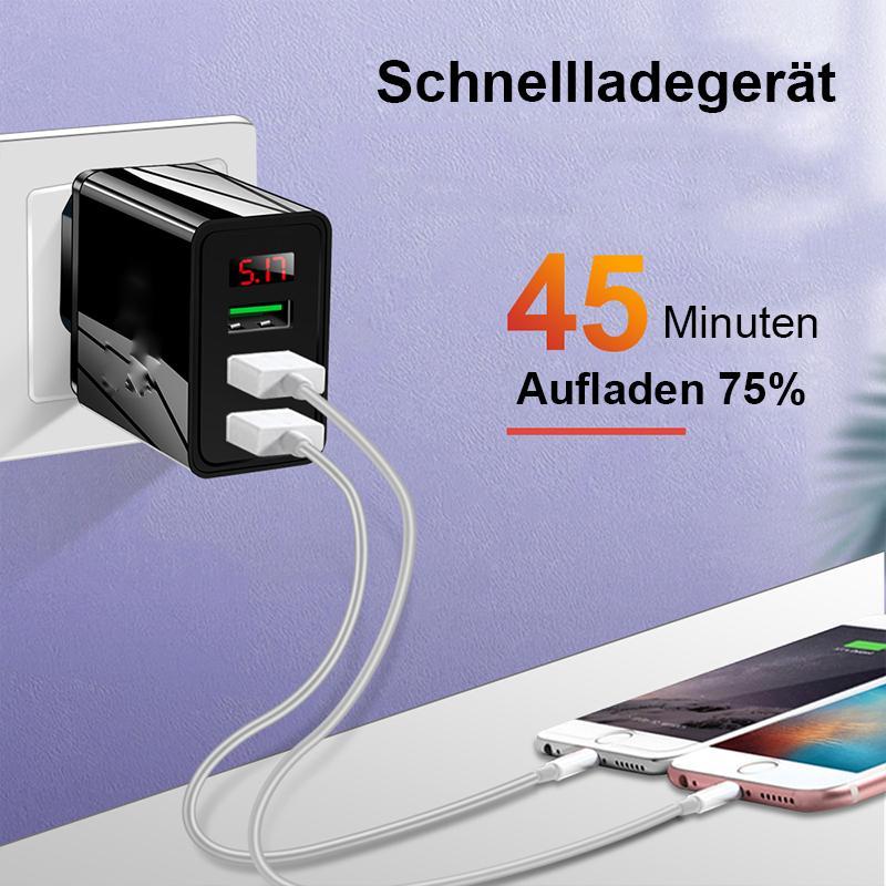"Tyylikäs digitaalinen matkapuhelinlaturi LED-näytöllä, musta ja valkoinen väri, kolme USB-porttia, nopea lataus."
