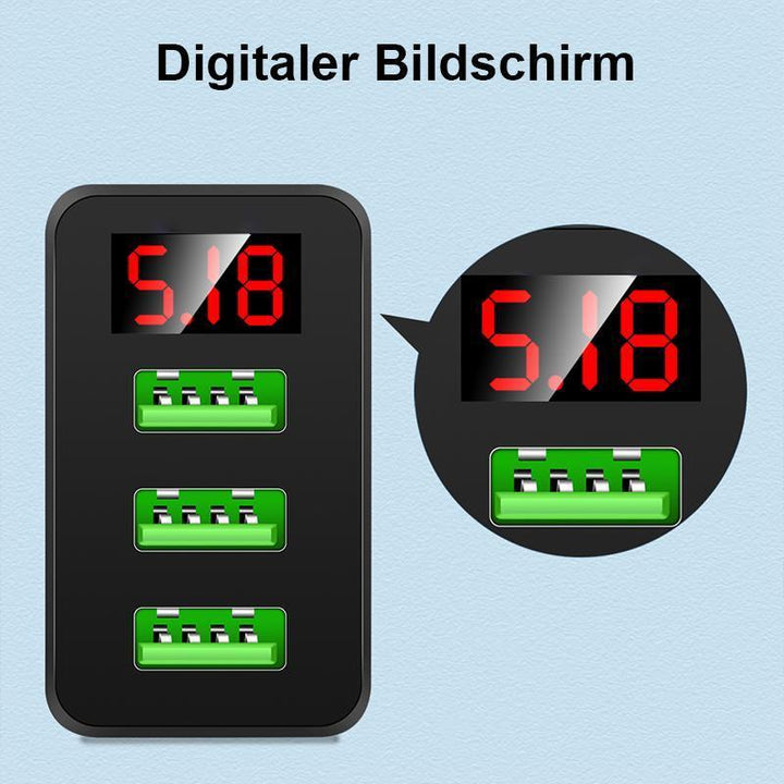 "Tyylikäs digitaalinen matkapuhelinlaturi LED-näytöllä, musta ja valkoinen väri, kolme USB-porttia, nopea lataus."