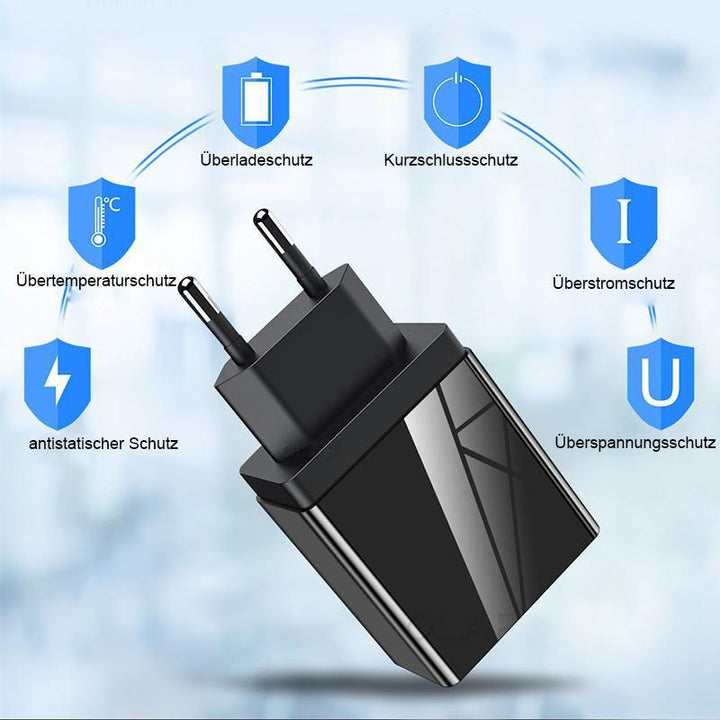 "Tyylikäs digitaalinen matkapuhelinlaturi LED-näytöllä, musta ja valkoinen väri, kolme USB-porttia, nopea lataus."