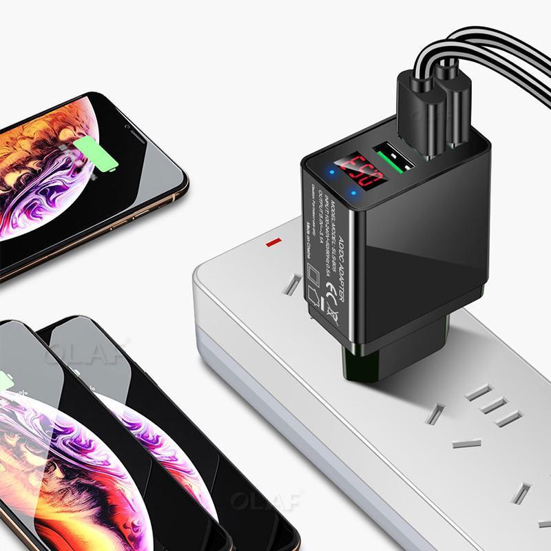 "Tyylikäs digitaalinen matkapuhelinlaturi LED-näytöllä, musta ja valkoinen väri, kolme USB-porttia, nopea lataus."