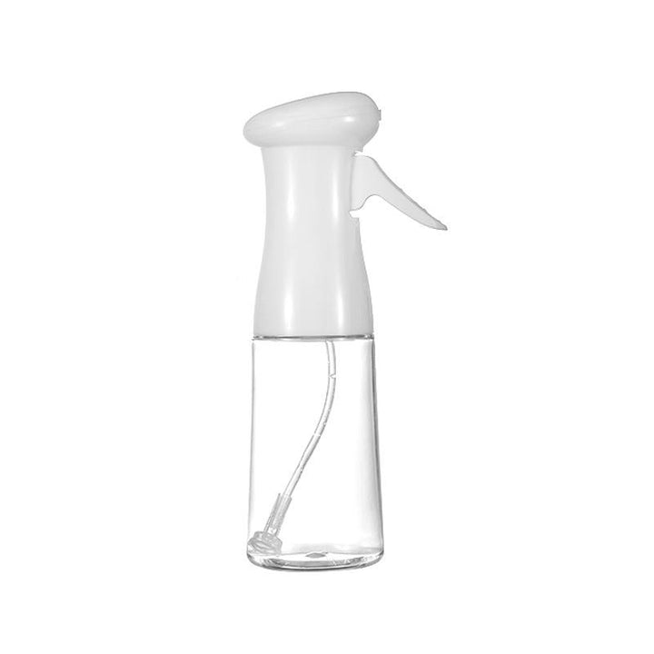 Stilfuld gennemsigtig spray olie flaske til køkkenet, ventilatorformet sprøjte, PET-plastik, 200 ml kapacitet, sort-hvid.