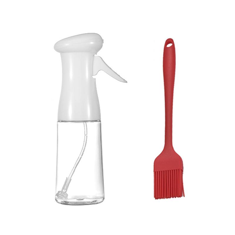 Stilfuld gennemsigtig spray olie flaske til køkkenet, ventilatorformet sprøjte, PET-plastik, 200 ml kapacitet, sort-hvid.