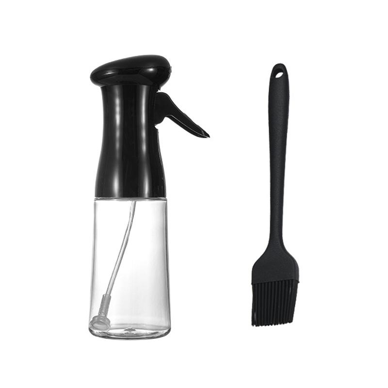 Stilfuld gennemsigtig spray olie flaske til køkkenet, ventilatorformet sprøjte, PET-plastik, 200 ml kapacitet, sort-hvid.