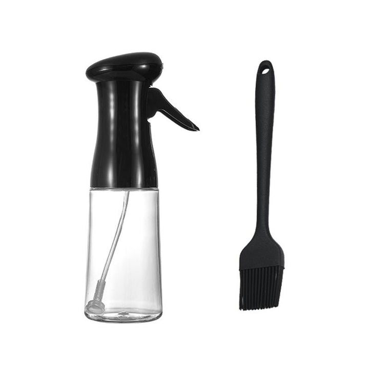 Stilfuld gennemsigtig spray olie flaske til køkkenet, ventilatorformet sprøjte, PET-plastik, 200 ml kapacitet, sort-hvid.