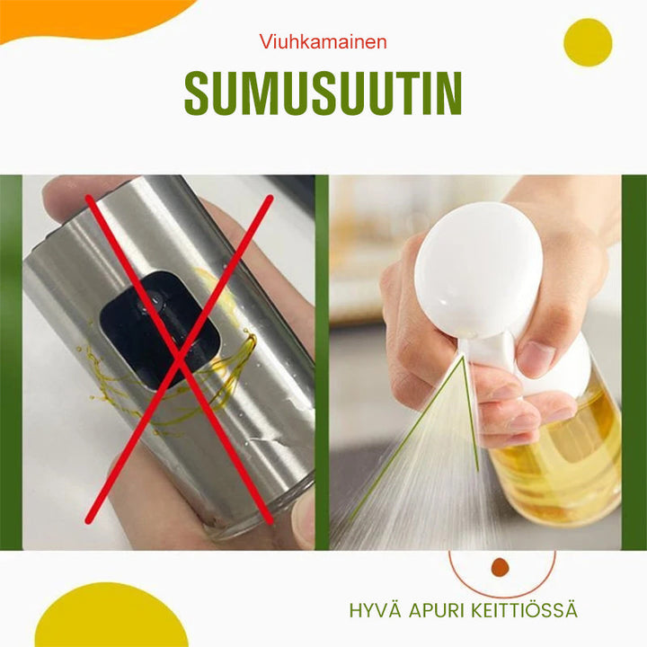 Stilfuld gennemsigtig spray olie flaske til køkkenet, ventilatorformet sprøjte, PET-plastik, 200 ml kapacitet, sort-hvid.
