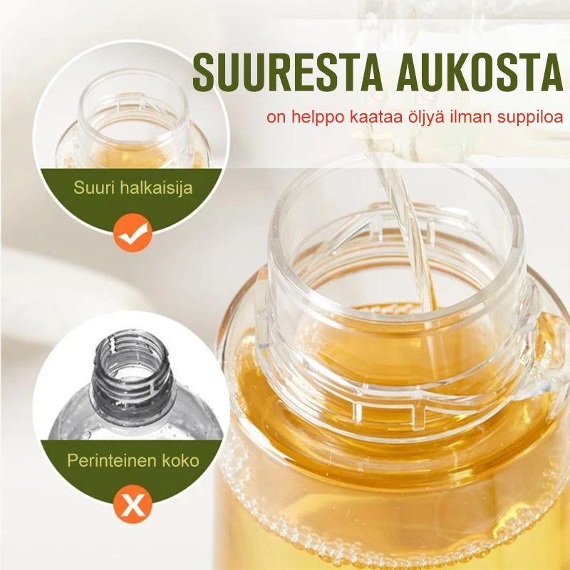 Stilfuld gennemsigtig spray olie flaske til køkkenet, ventilatorformet sprøjte, PET-plastik, 200 ml kapacitet, sort-hvid.