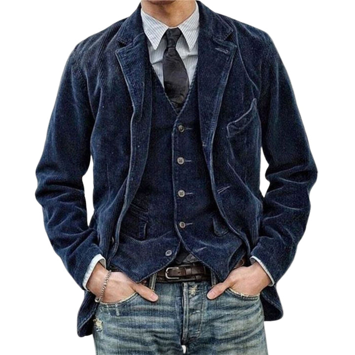 Stilfuld herre corduroy blazer og vest kombination, klassisk brun nuance, alsidig stil, perfekt til enhver lejlighed.