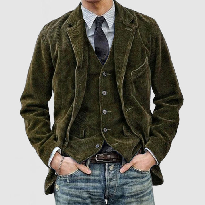Stilfuld herre corduroy blazer og vest kombination, klassisk brun nuance, alsidig stil, perfekt til enhver lejlighed.