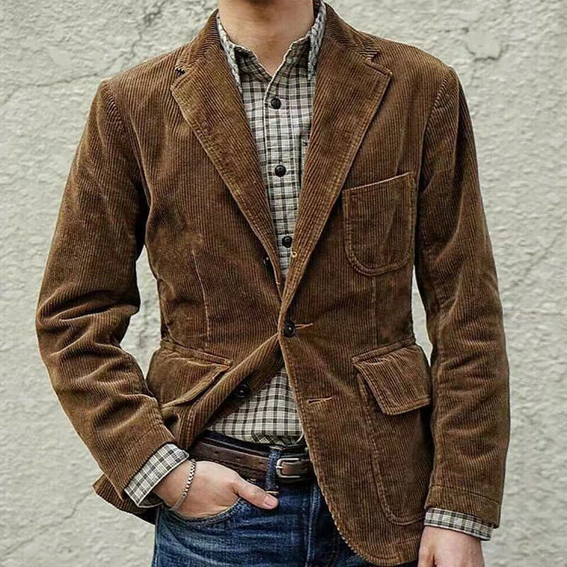 Stilfuld herre corduroy blazer og vest kombination, klassisk brun nuance, alsidig stil, perfekt til enhver lejlighed.