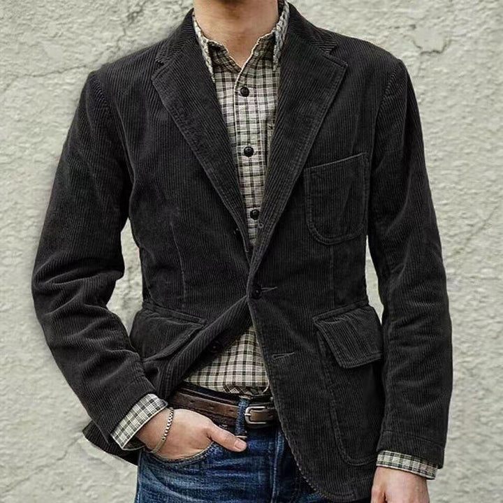 Stilfuld herre corduroy blazer og vest kombination, klassisk brun nuance, alsidig stil, perfekt til enhver lejlighed.
