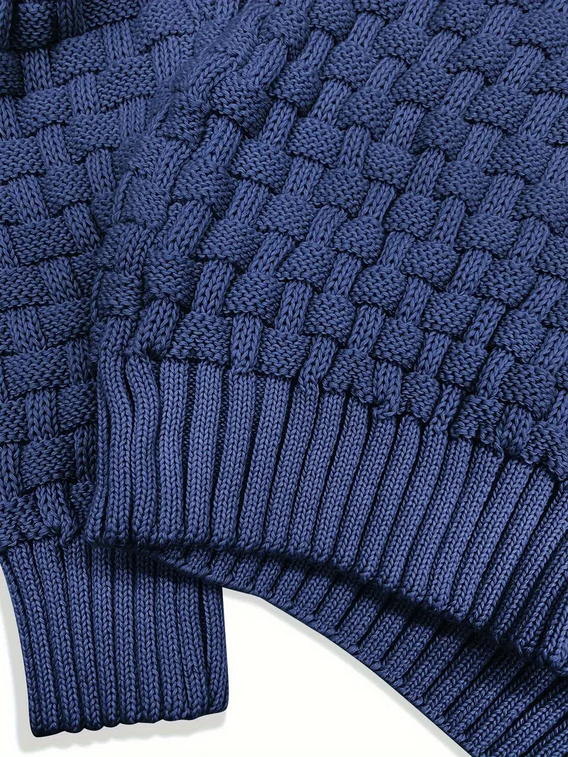 "Tyylikäs miesten neulepaita etupuoli; puuvillaa, akryylia, elegantti design, neutraalit värit, lämmin ja mukava."