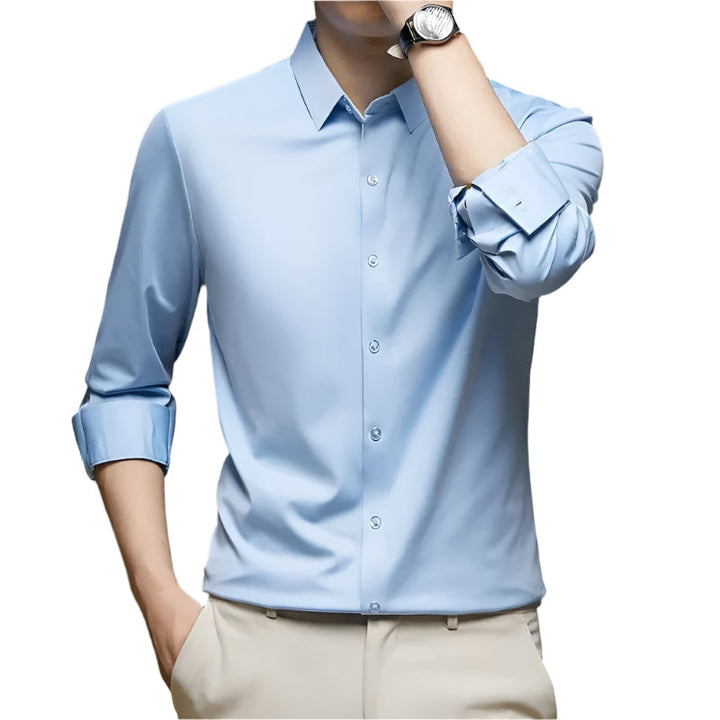 "Tyylikäs miesten rypistymätön business casual paita, yksivärinen, pitkähihainen, sopii monikäyttöisesti eri tilaisuuksiin."