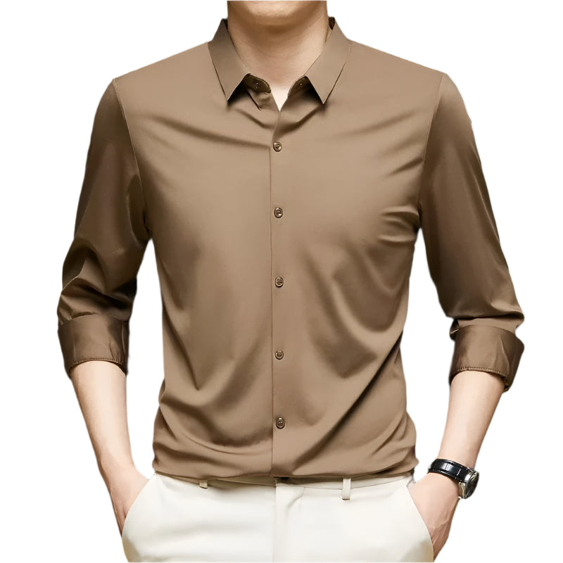 "Tyylikäs miesten rypistymätön business casual paita, yksivärinen, pitkähihainen, sopii monikäyttöisesti eri tilaisuuksiin."