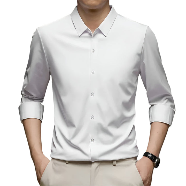 "Tyylikäs miesten rypistymätön business casual paita, yksivärinen, pitkähihainen, sopii monikäyttöisesti eri tilaisuuksiin."