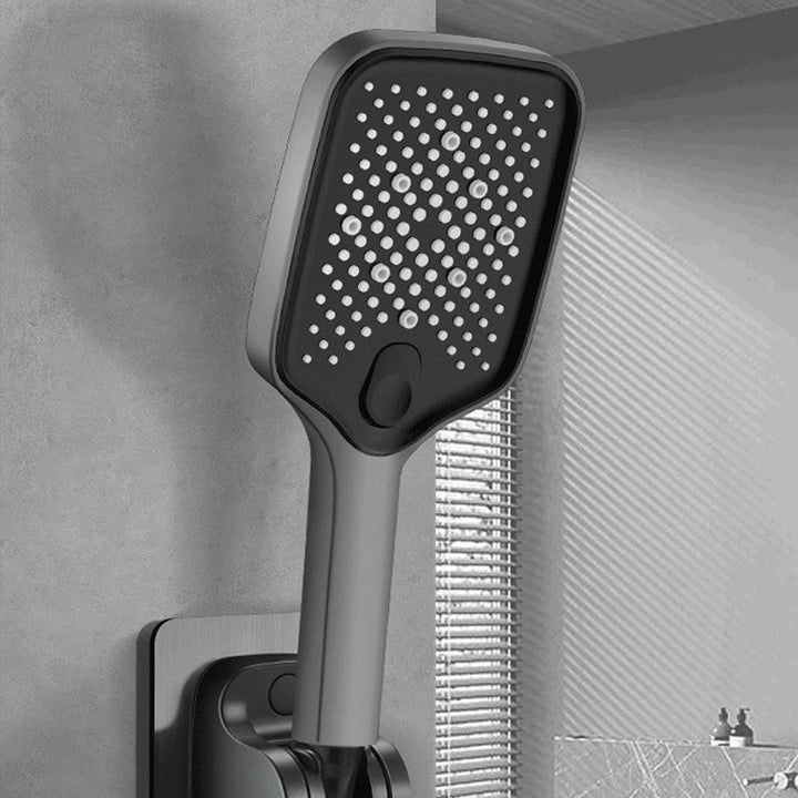 Stilfuldt multifunktionelt højtryksbrusehoved, grå-sølv design, velegnet til smart hjem og nem installation.