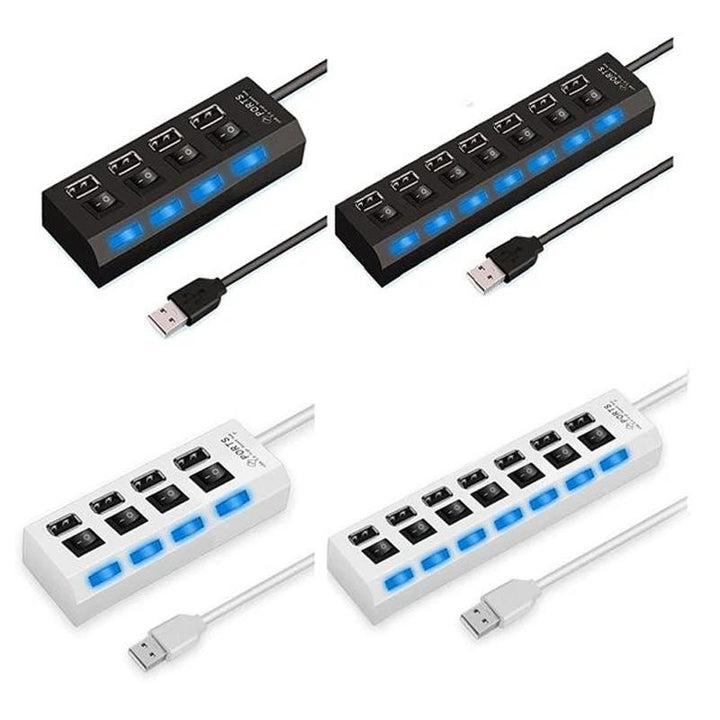 Stilfuld sort USB-hub med 7 porte, højhastighed, individuelt oplyste kontakter, moderne og effektiv.