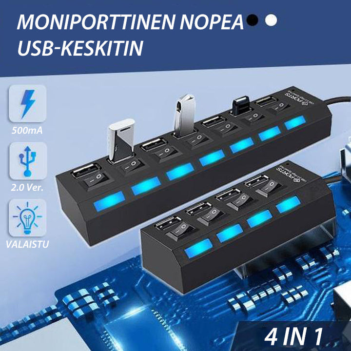 Stilfuld sort USB-hub med 7 porte, højhastighed, individuelt oplyste kontakter, moderne og effektiv.