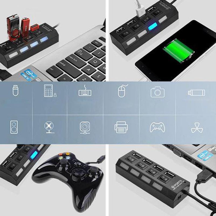 Stilfuld sort USB-hub med 7 porte, højhastighed, individuelt oplyste kontakter, moderne og effektiv.